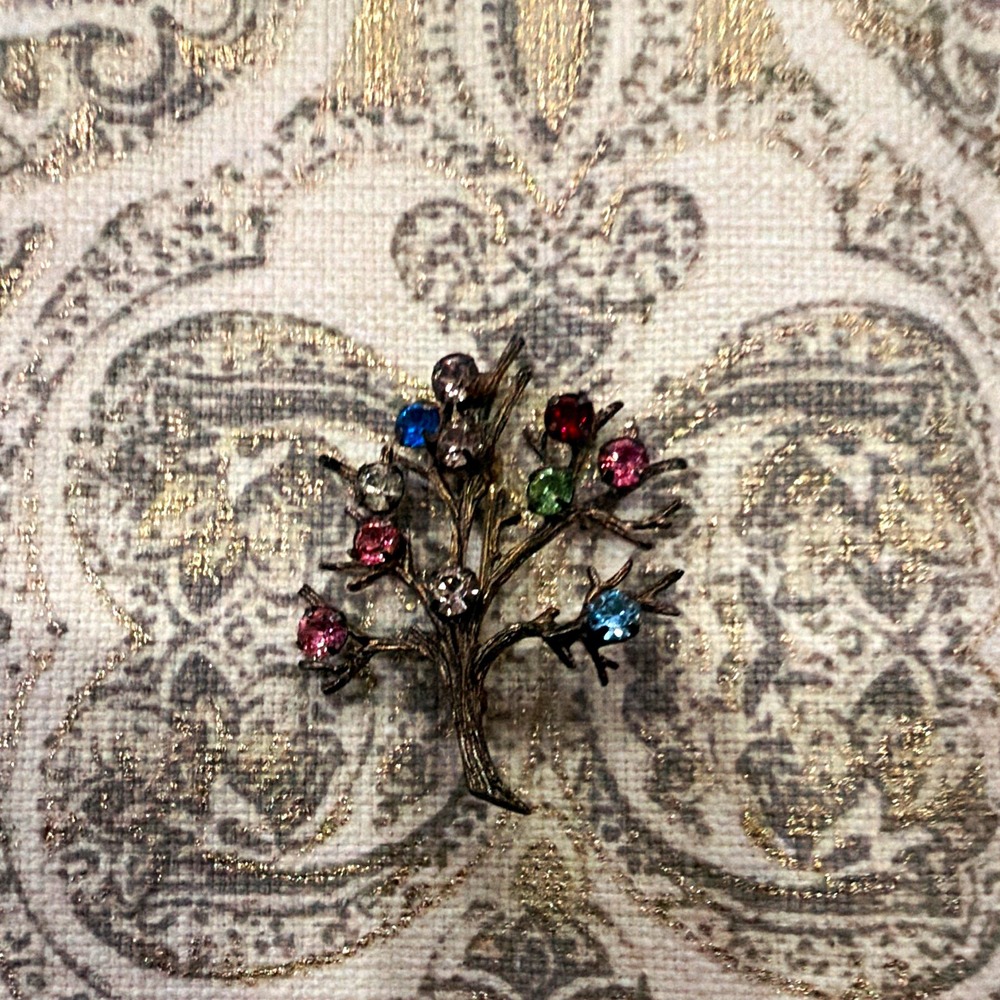 Silver Tone Metal Tree Brooch Pin, Multicolor Round Rhinestones, Prong Set